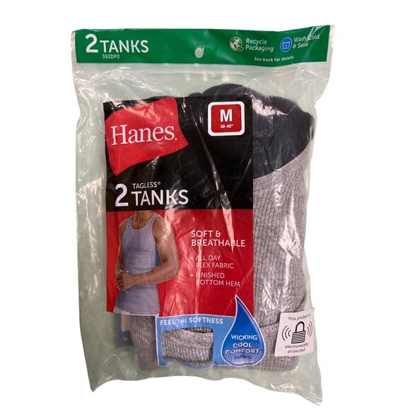 Hanes Other - Hanes Men's 2 Pack Tagless Tanks Undershirt Size Medium Black & Gray New